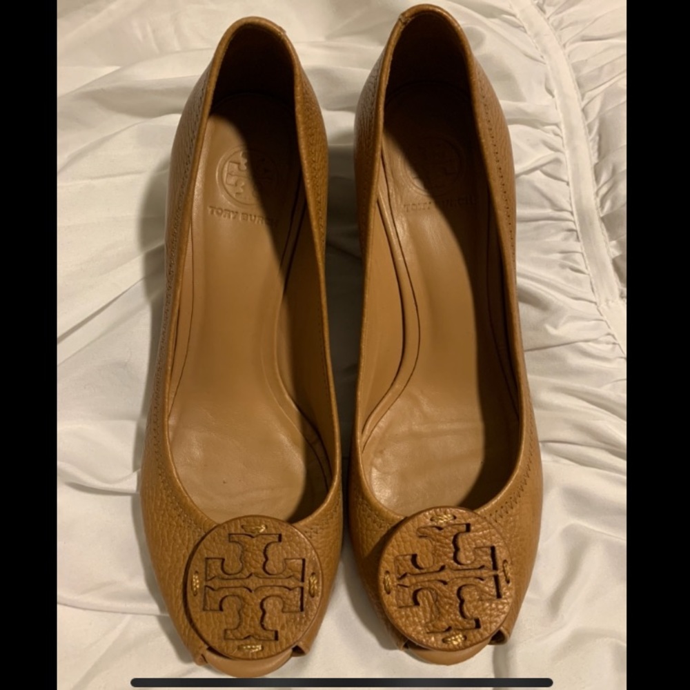 Tan Tory Burch Peep Toe Wedges